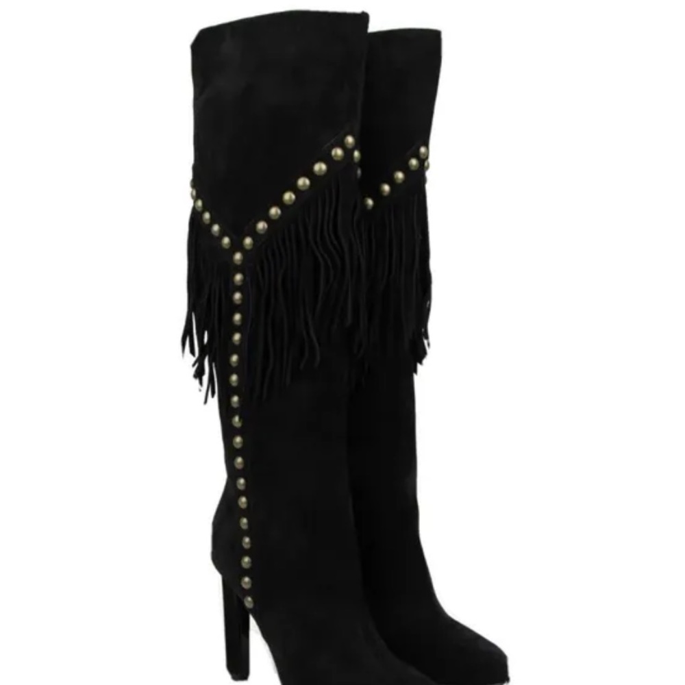 Saint Laurent Women's Black Suede GRACE 105 Y STUDDED FRINGED BOOT 38.5/8 1/2